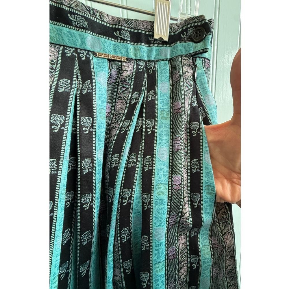 VTG‎ Geiger Teal Black Floral Striped Pleated Cotton Dirndl Skirt Size 40 - Picture 5 of 9